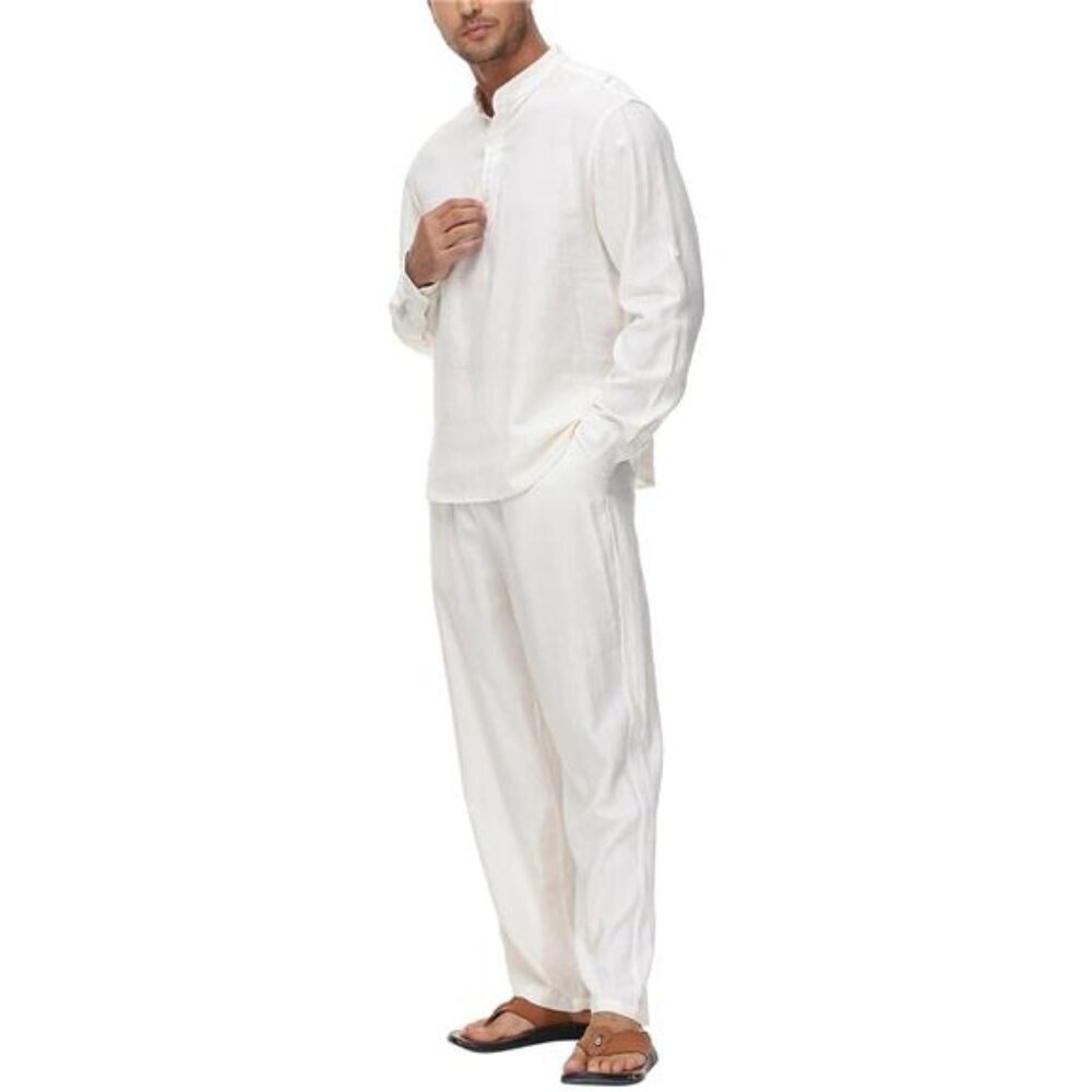 Mens Linen Set 2 Pieces Long Sleeve Henley Shirt Casual Drawstring Pants